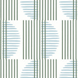 Wallpaper with irregular line work that weaves green rectangles and blue semicircles on a white background | Schoolhouse + Hygge & West