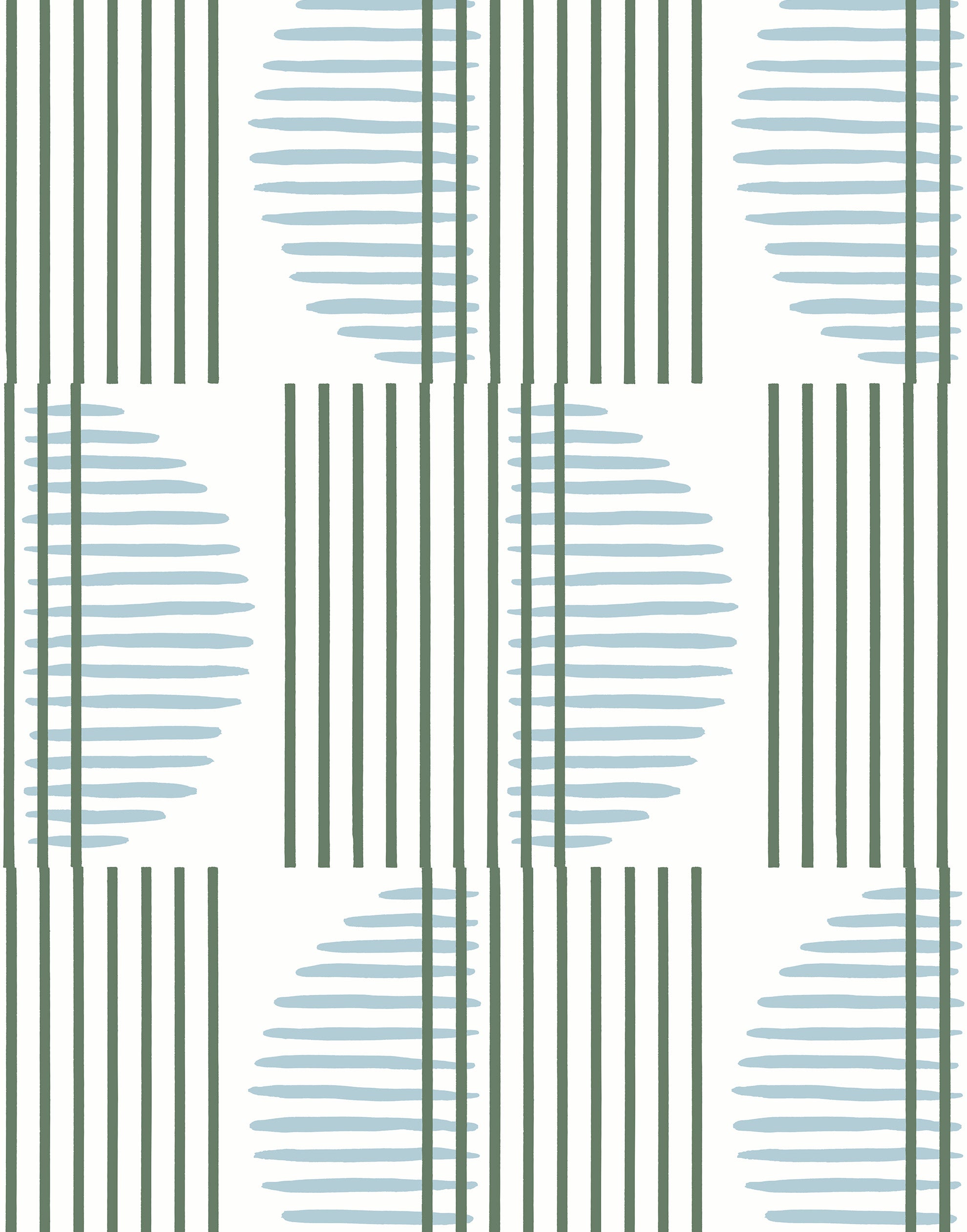 Wallpaper with irregular line work that weaves green rectangles and blue semicircles on a white background | Schoolhouse + Hygge & West
