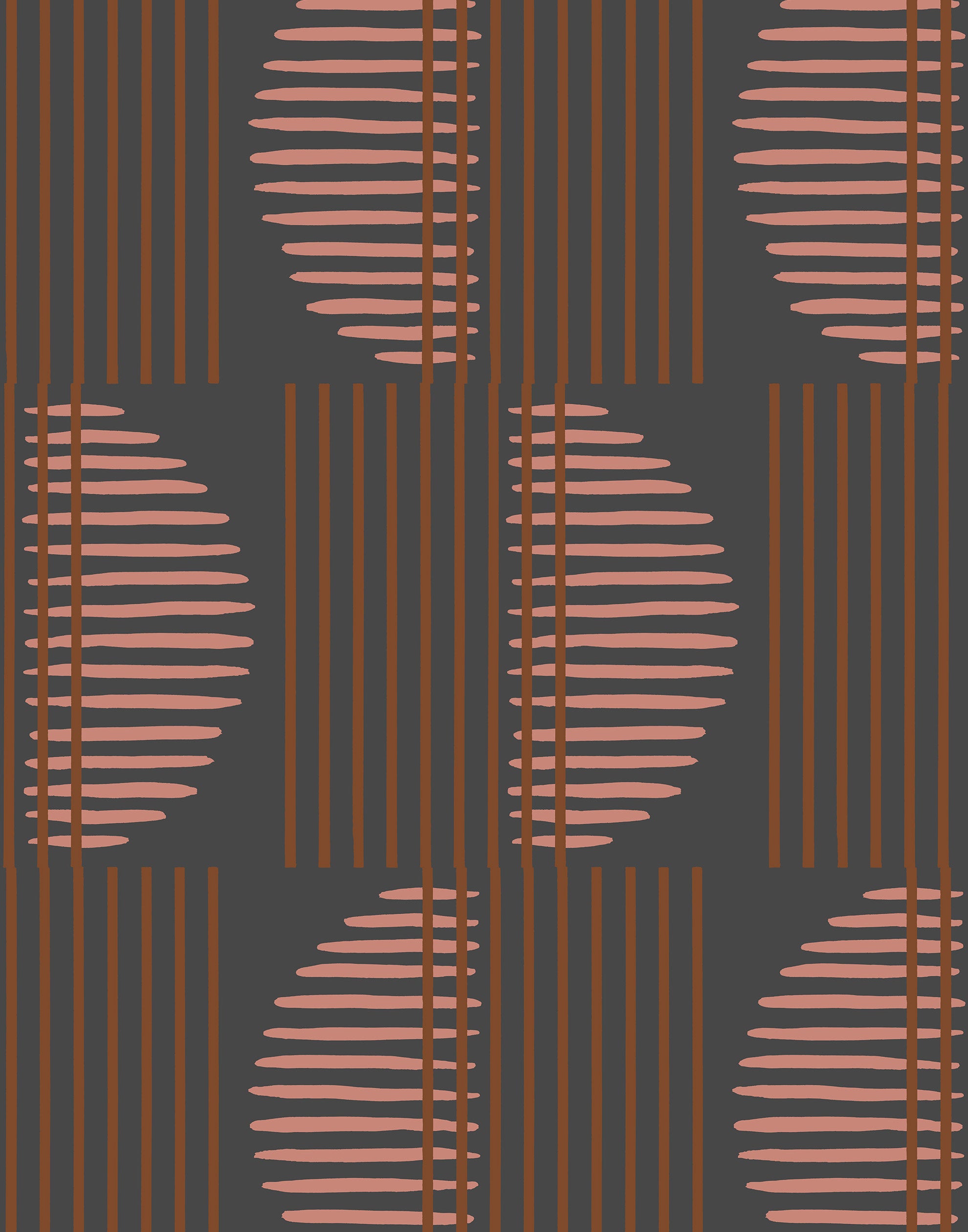 Wallpaper with irregular line work that weaves copper rectangles and pink semicircles on a deep gray background | Schoolhouse + Hygge & West