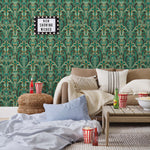 Drawing inspiration from the iconic Emerald City in Wicked, this wallpaper features a mesmerizing blend of deep greens and golds, evoking a sense of magical grandeur. The intricate geometric design mixed with hot air balloons and flying monkeys brings the enchantment of the city into your home.