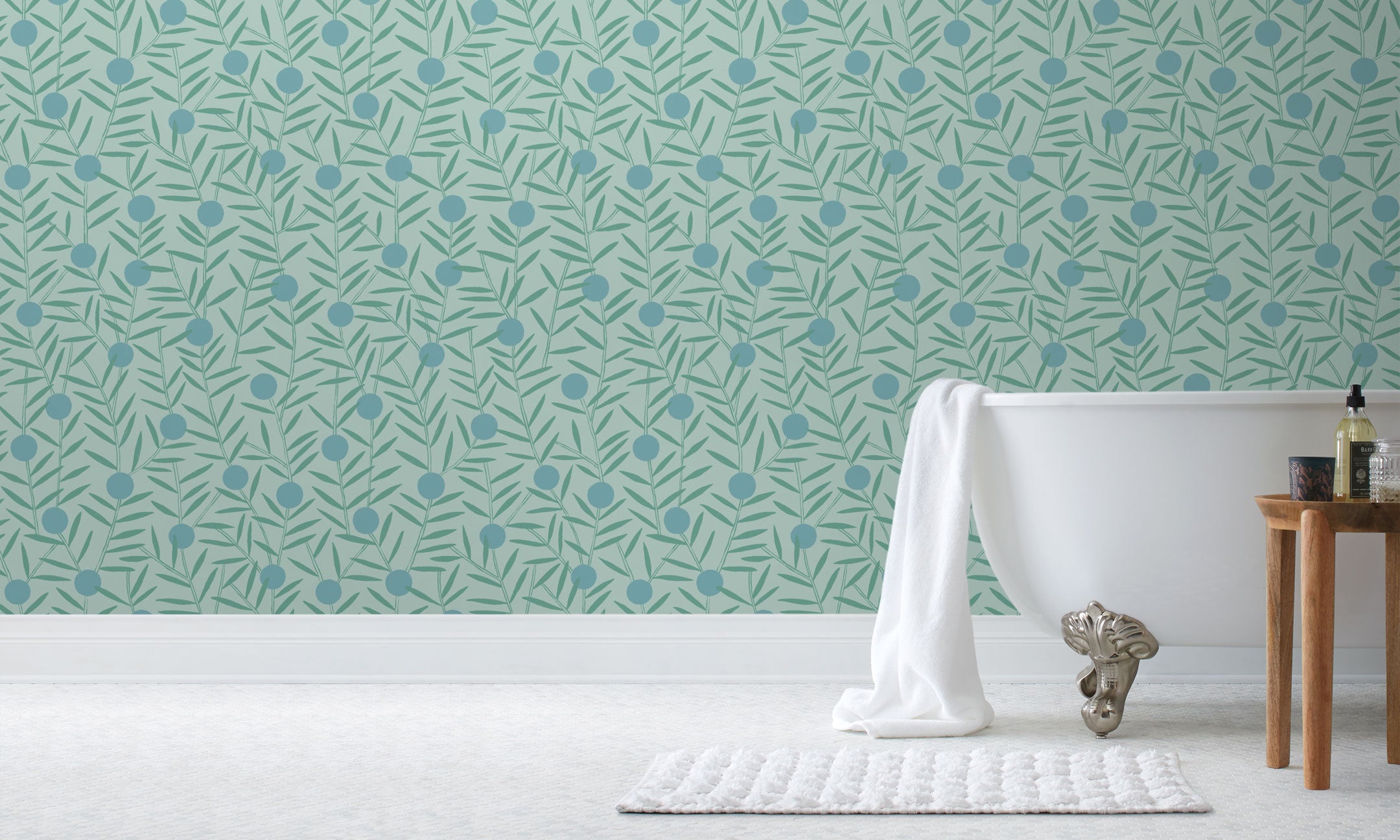 Bloom Wallpaper featuring dots and stems in a modern, graphic floral. Before and after.