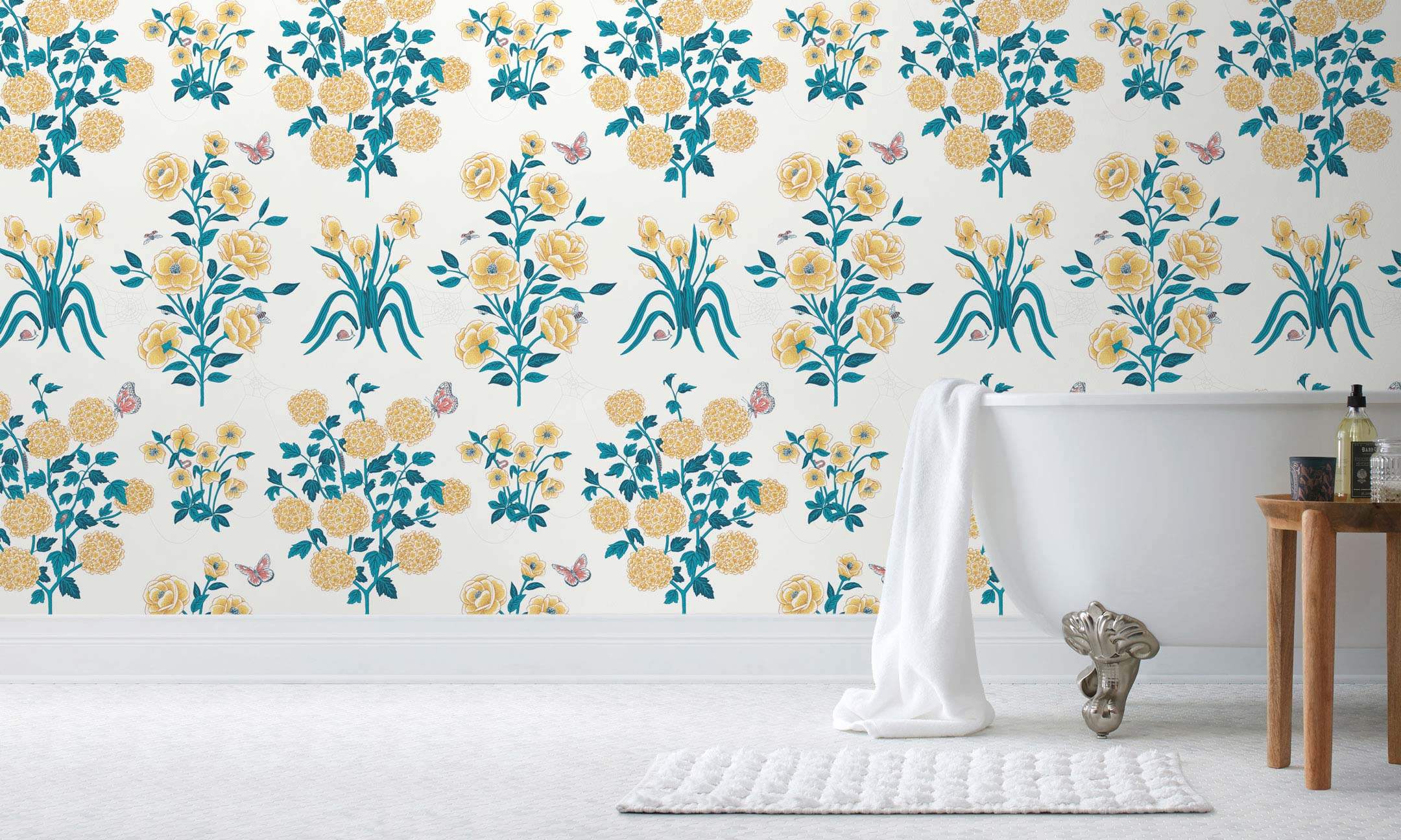 This large-scale wallpaper features hand drawn bees, butterflies and other garden friends frolic among flowers - camellias, hellebores, irises, and snowball trees. Before and after.