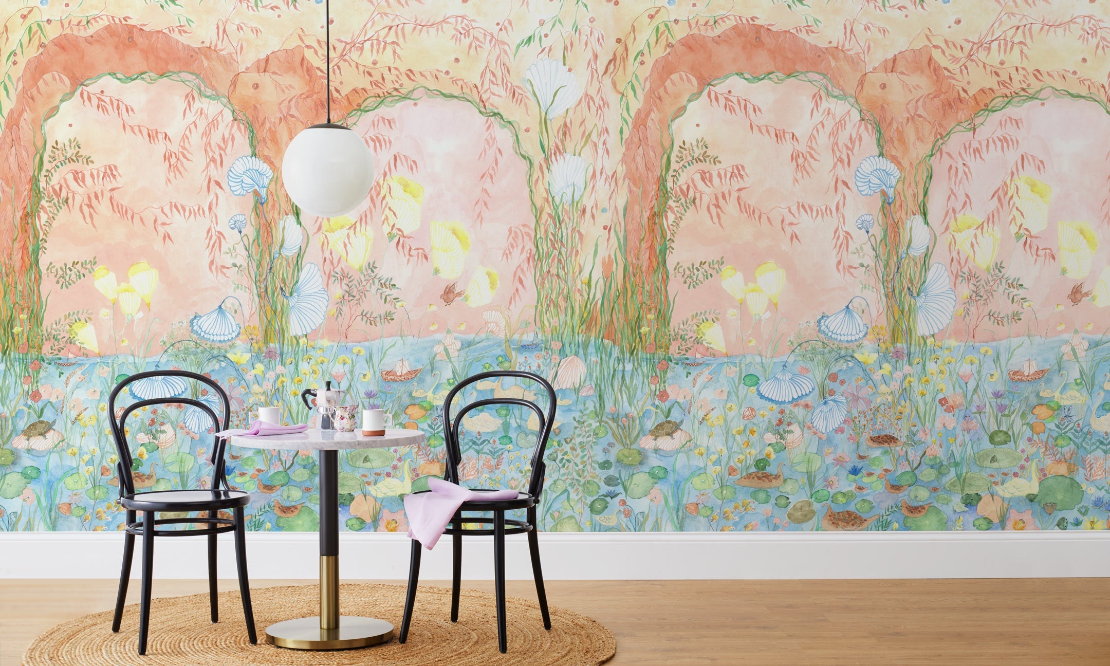 Watercolored swans, turtles, frogs, and fish swim in a flora filled pond beneath an arch of climbing plants and grasses. Lily Pond Mural contains a rainbow of soft watercolors - yellow, peach, apricot, green and blue. Before and after.
