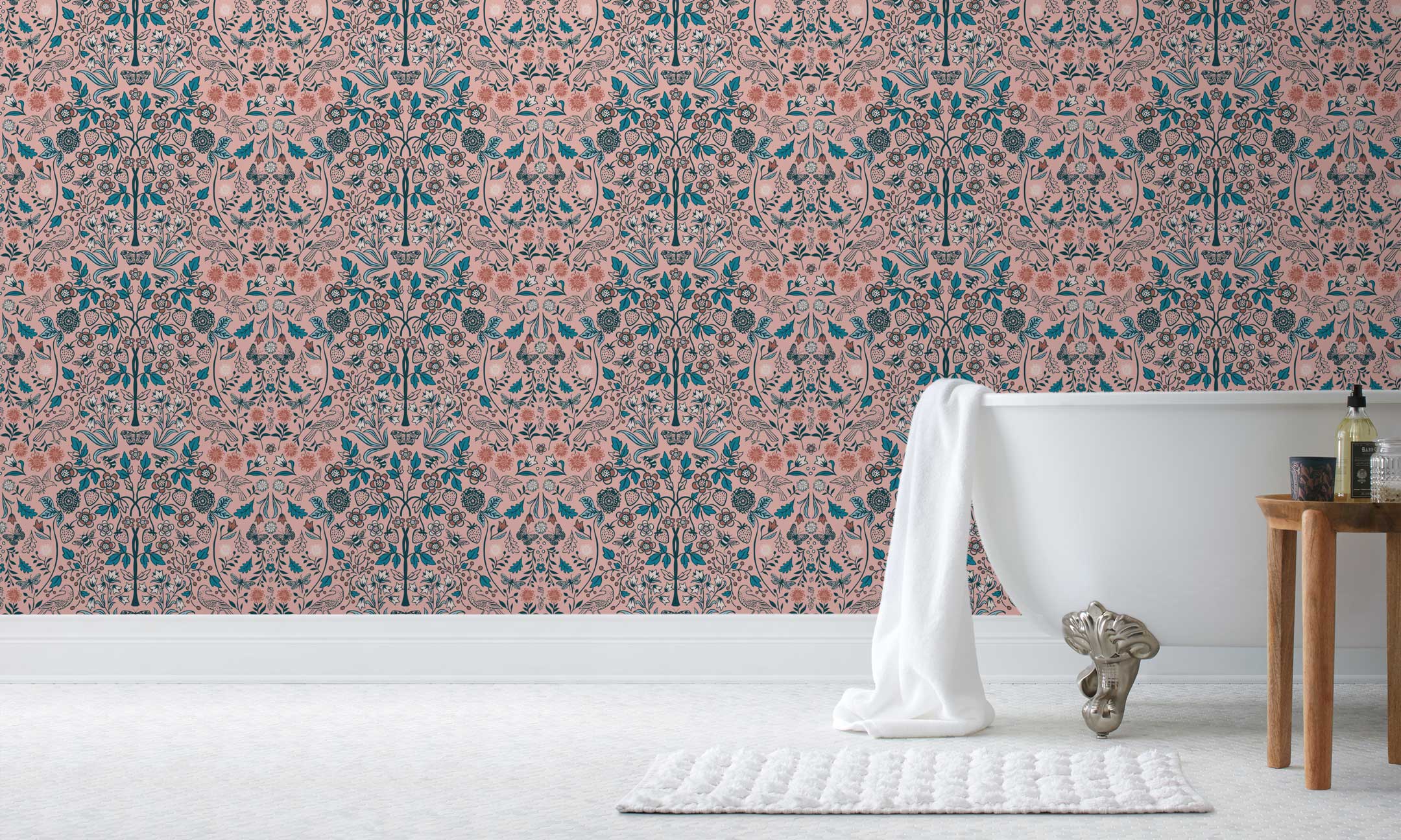 Nora wallpaper features a garden of bees, birds, strawberries, and flowers. Before and after.