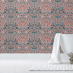 Nora wallpaper features a garden of bees, birds, strawberries, and flowers. Before and after.