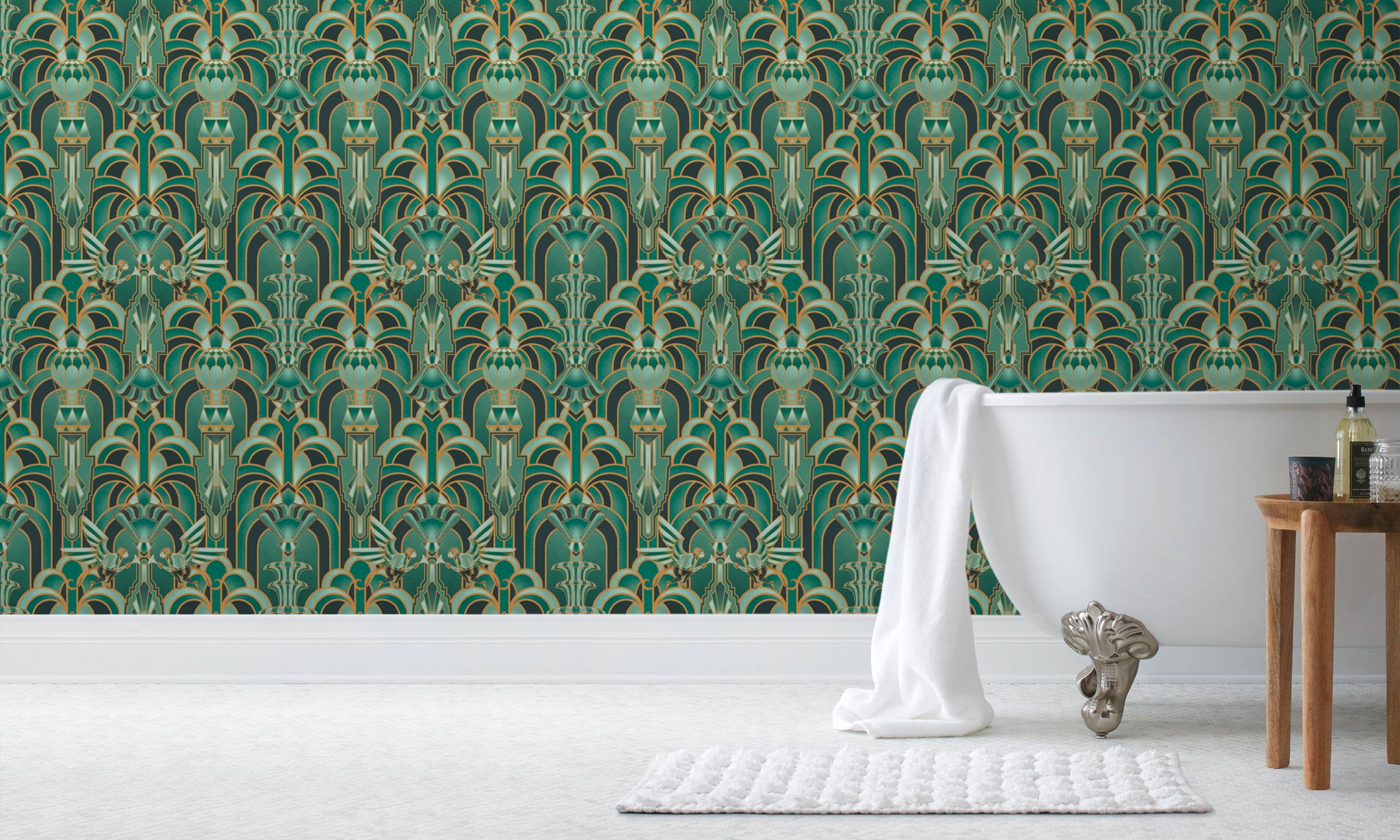 Before and After: Drawing inspiration from the iconic Emerald City in Wicked, this wallpaper features a mesmerizing blend of deep greens and golds, evoking a sense of magical grandeur. The intricate geometric design mixed with hot air balloons and flying monkeys brings the enchantment of the city into your home.