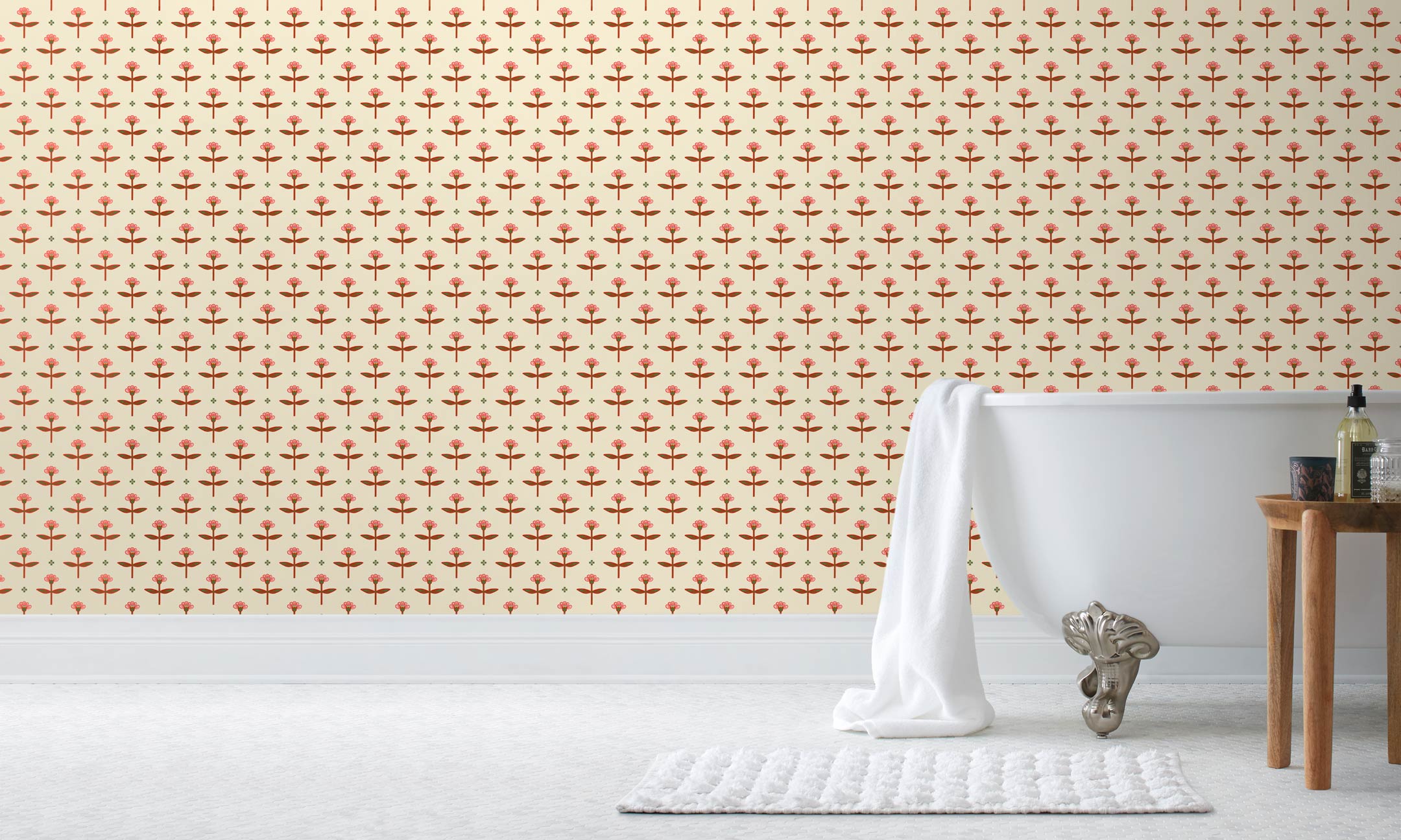 Zinnia Wallpaper mixes a geometric layout with the soft details of the zinnia flower. Before and after.