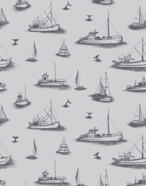 Ahoy! (Fog) wallpaper with charcoal gray ships and whale tales on a light gray background