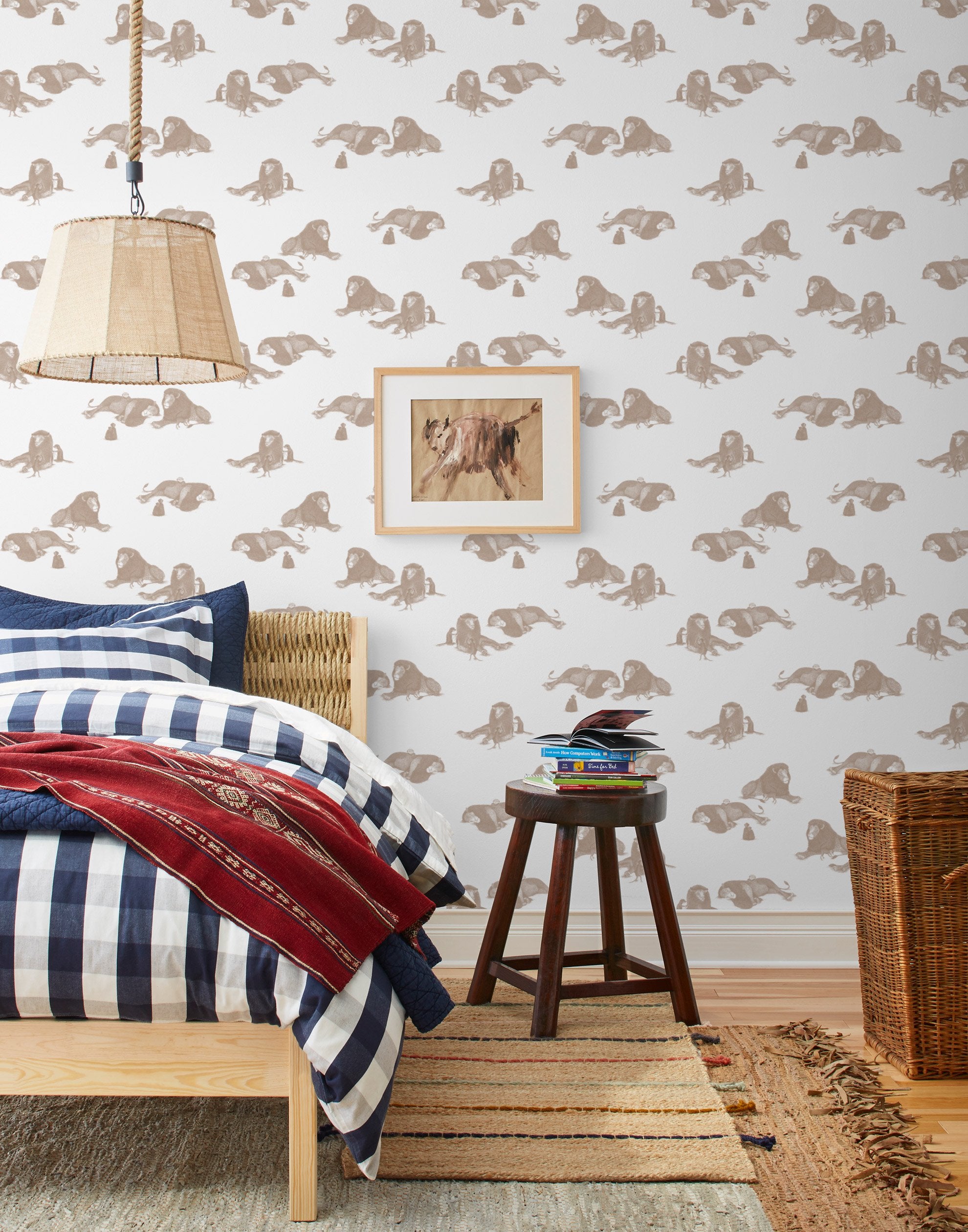 Mighty (Sand) wallpaper features brown lions and meerkats on a white background