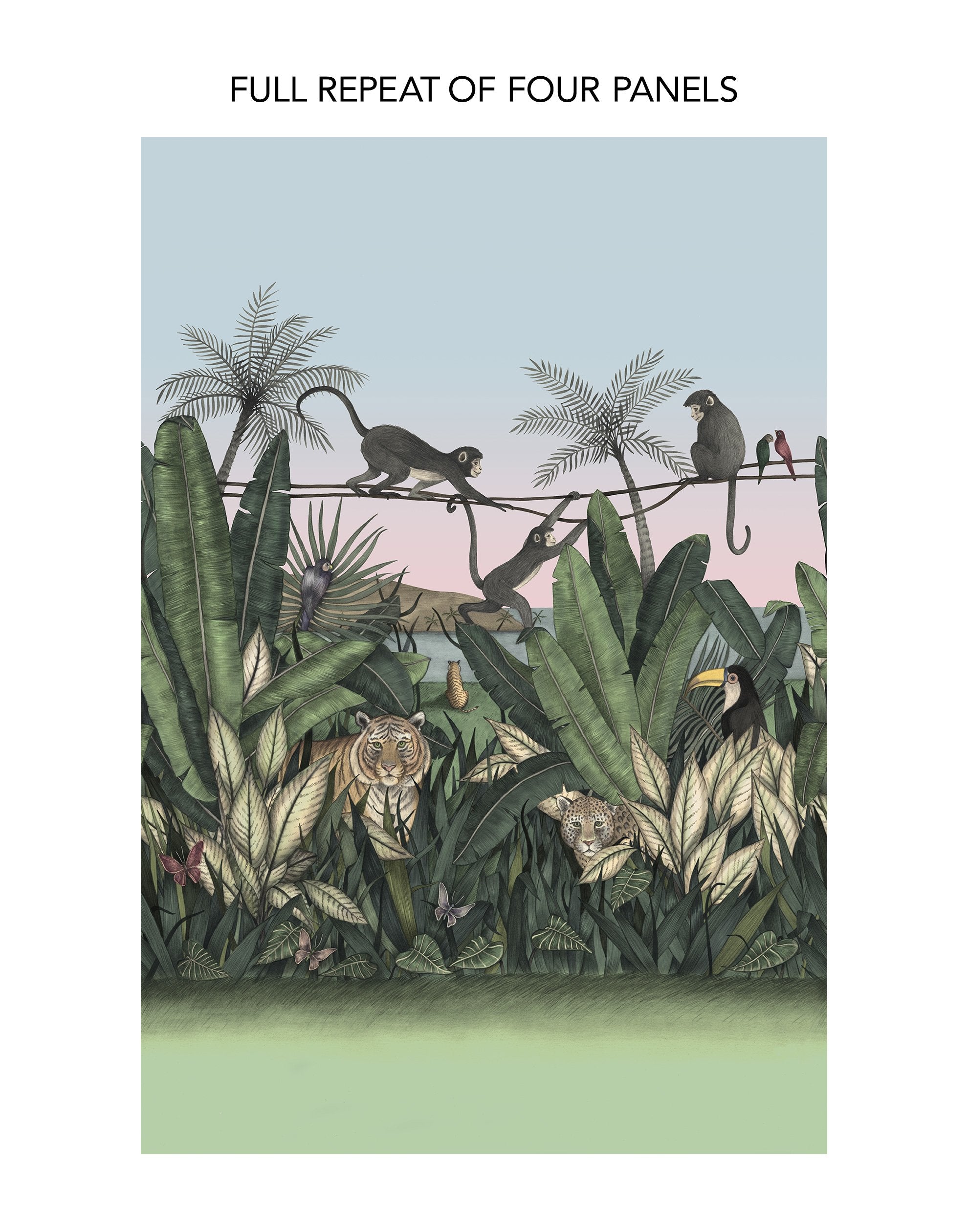 Bengal Sunrise wallpaper mural with Tigers and Monkeys inspired by The Jungle Book