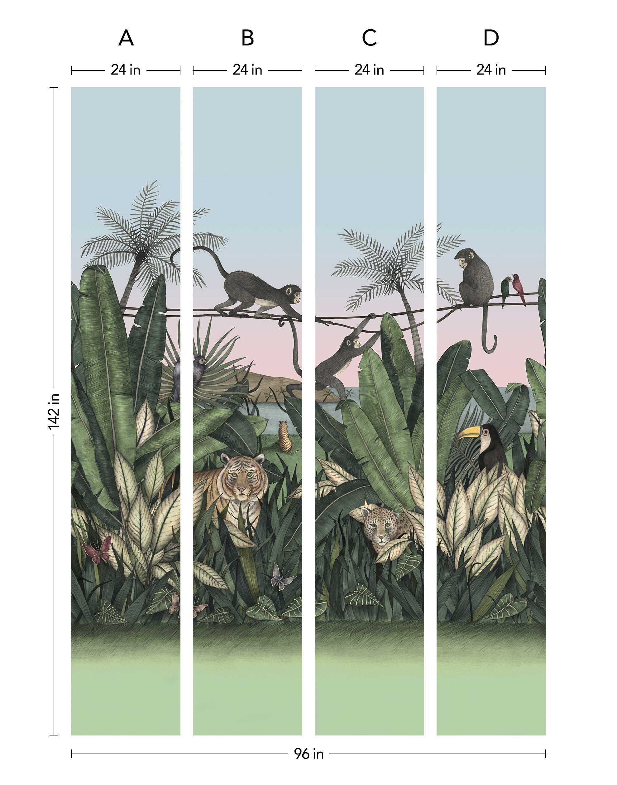 Bengal Sunrise wallpaper mural with Tigers and Monkeys inspired by The Jungle Book