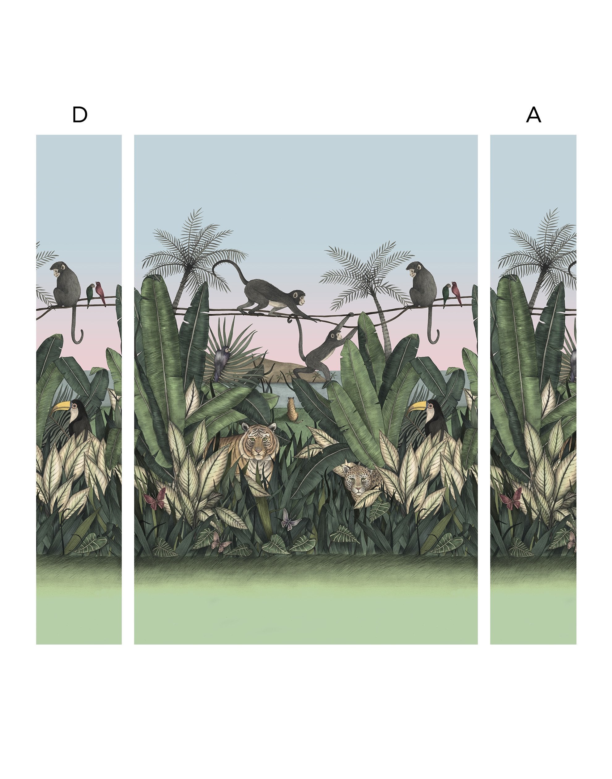 Bengal Sunrise wallpaper mural with Tigers and Monkeys inspired by The Jungle Book