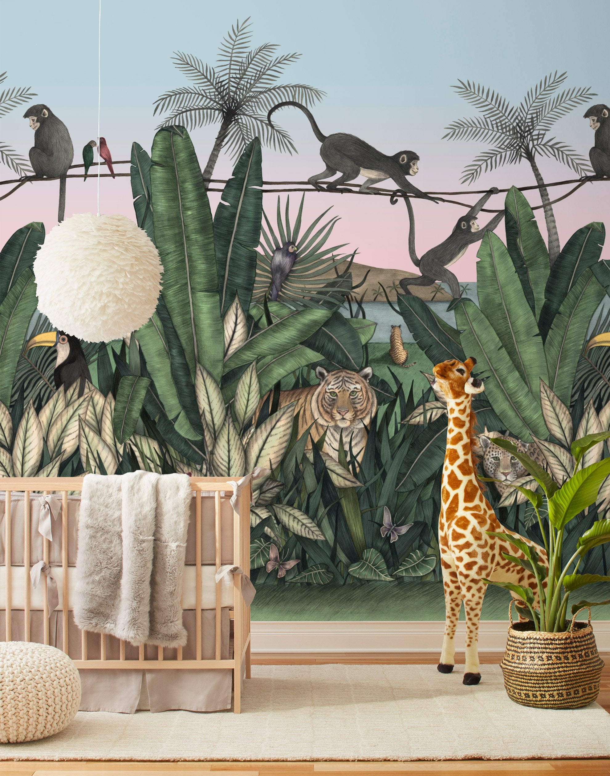 Bengal Sunrise wallpaper mural with Tigers and Monkeys inspired by The Jungle Book