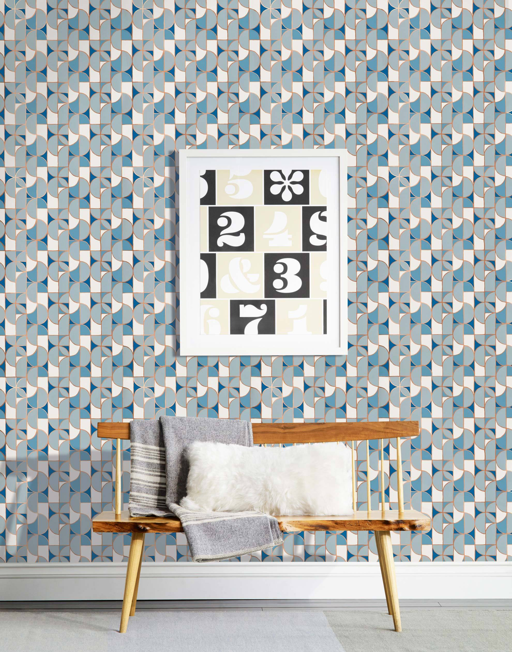 Slice (Blue) features modern, geometric lines and shapes in shades of blue