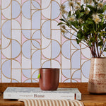 Slice (Mist) features modern, geometric lines and shapes in blue, pink and gray