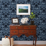 Piedmont (Indigo) wallpaper with dusty blue foxes and rabbits