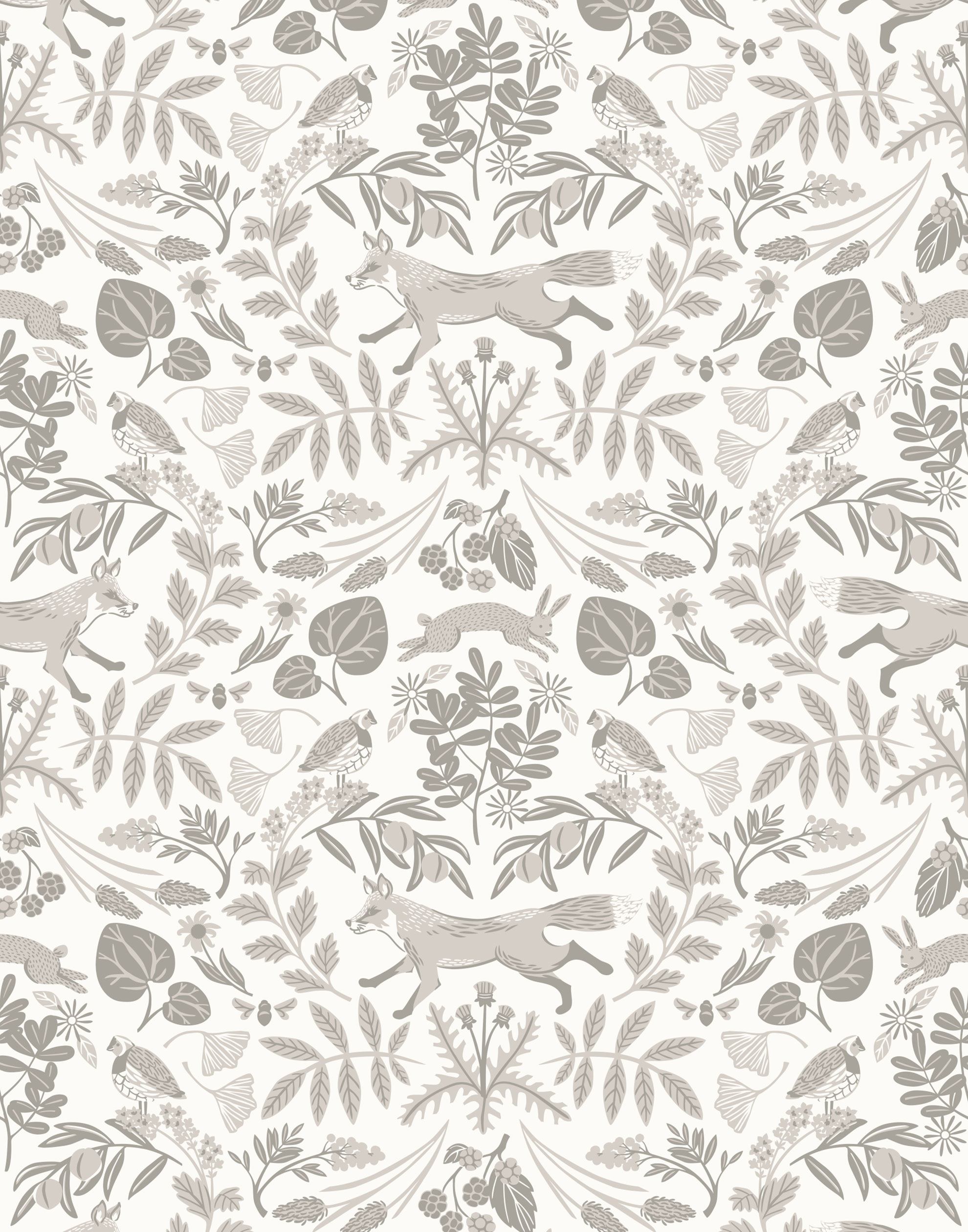 Piedmont (Taupe) wallpaper with foxes and rabbits in shades of gray