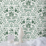 Piedmont (Pine) wallpaper with foxes and rabbits in shades of green