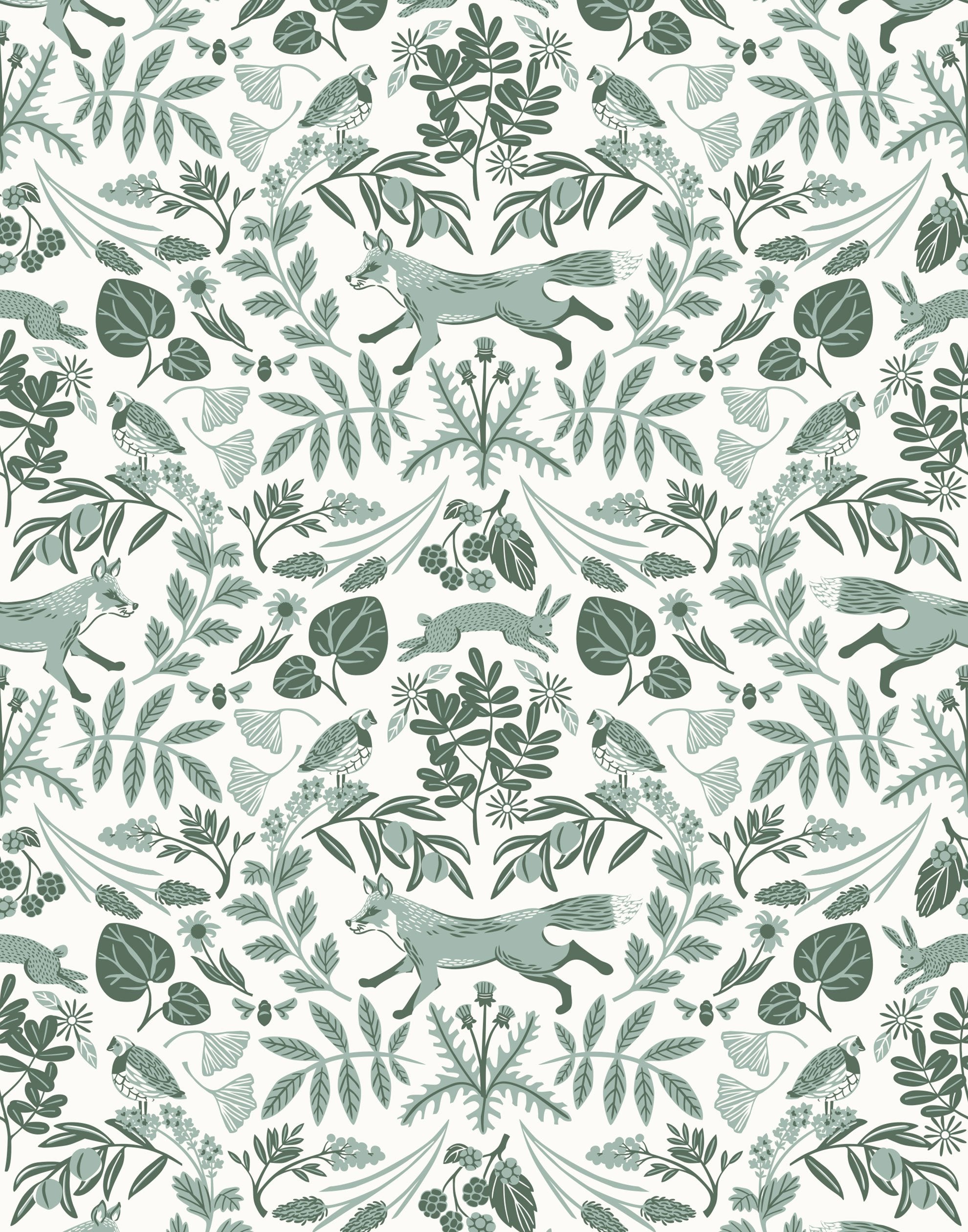 Piedmont (Pine) wallpaper with foxes and rabbits in shades of green