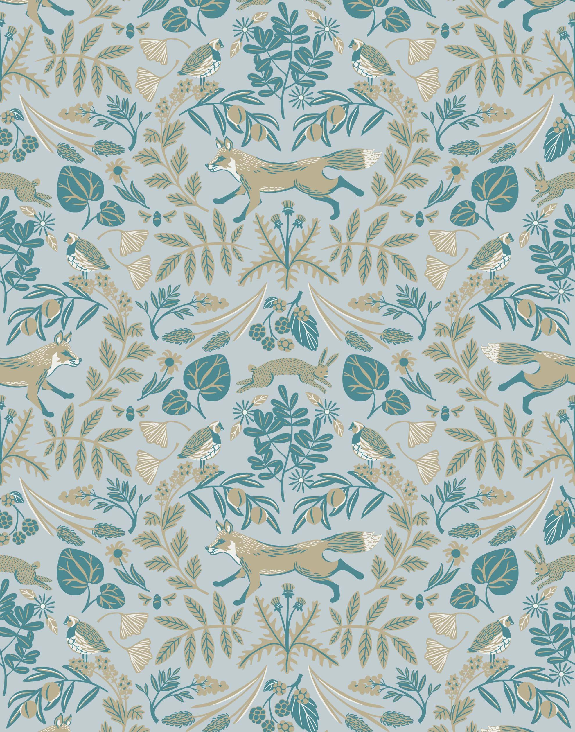 Piedmont (Mist) wallpaper with tan foxes, dusty deep green flora, cream accents on a light gray blue background