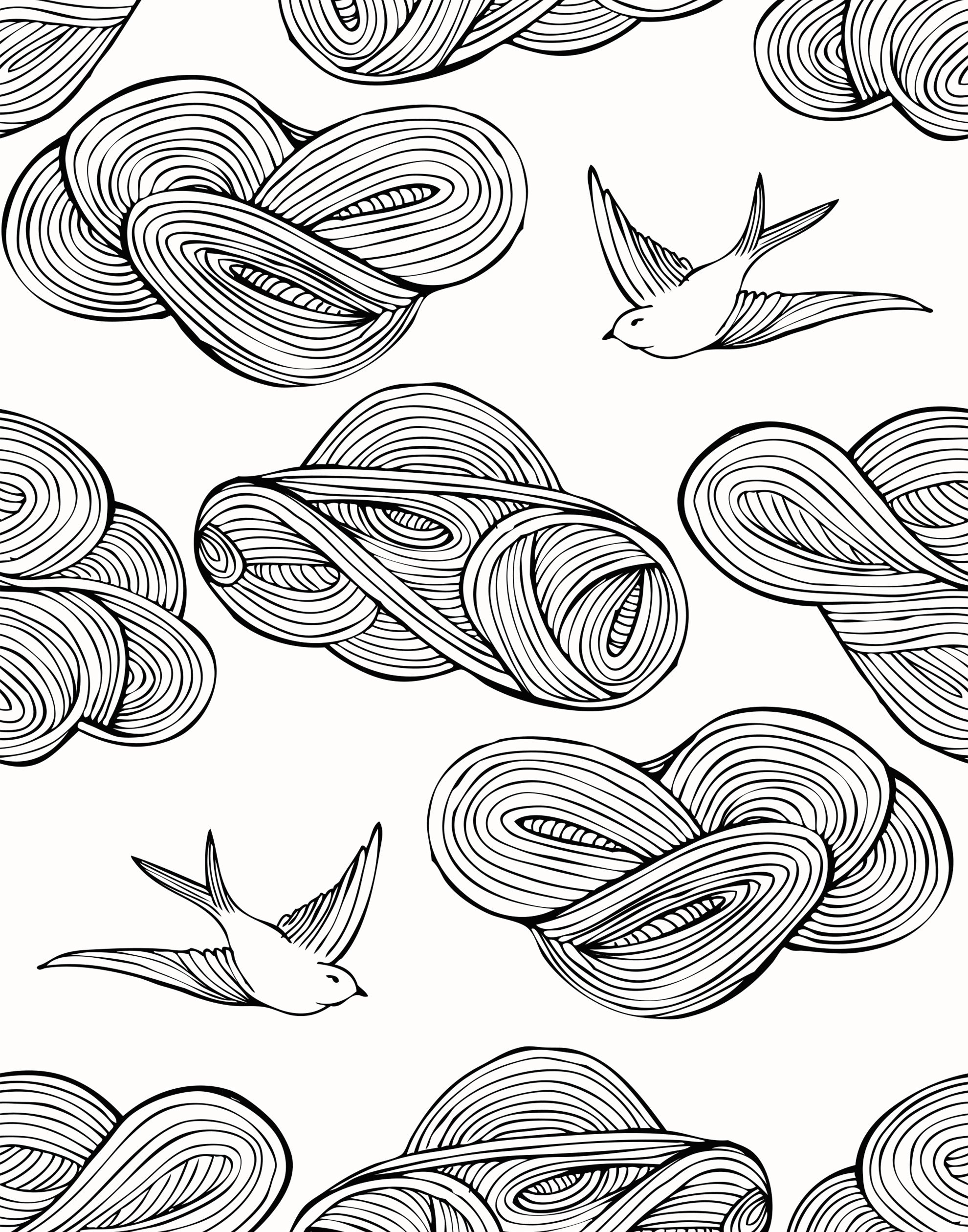 Daydream (Black) features a pattern of flying birds and floating clouds in black on white
