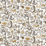 Foret (Gold) features magical animals and flowers in metallic gold, tan and gray on white designed by Julia Rothman