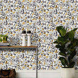 Foret (Charcoal) features magical animals and flowers in silver, tan and gray on white designed by Julia Rothman