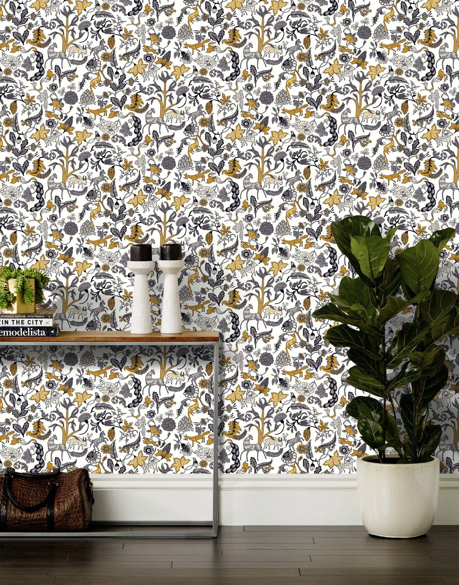 Foret (Charcoal) features magical animals and flowers in silver, tan and gray on white designed by Julia Rothman