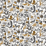 Foret (Charcoal) features magical animals and flowers in silver, tan and gray on white designed by Julia Rothman