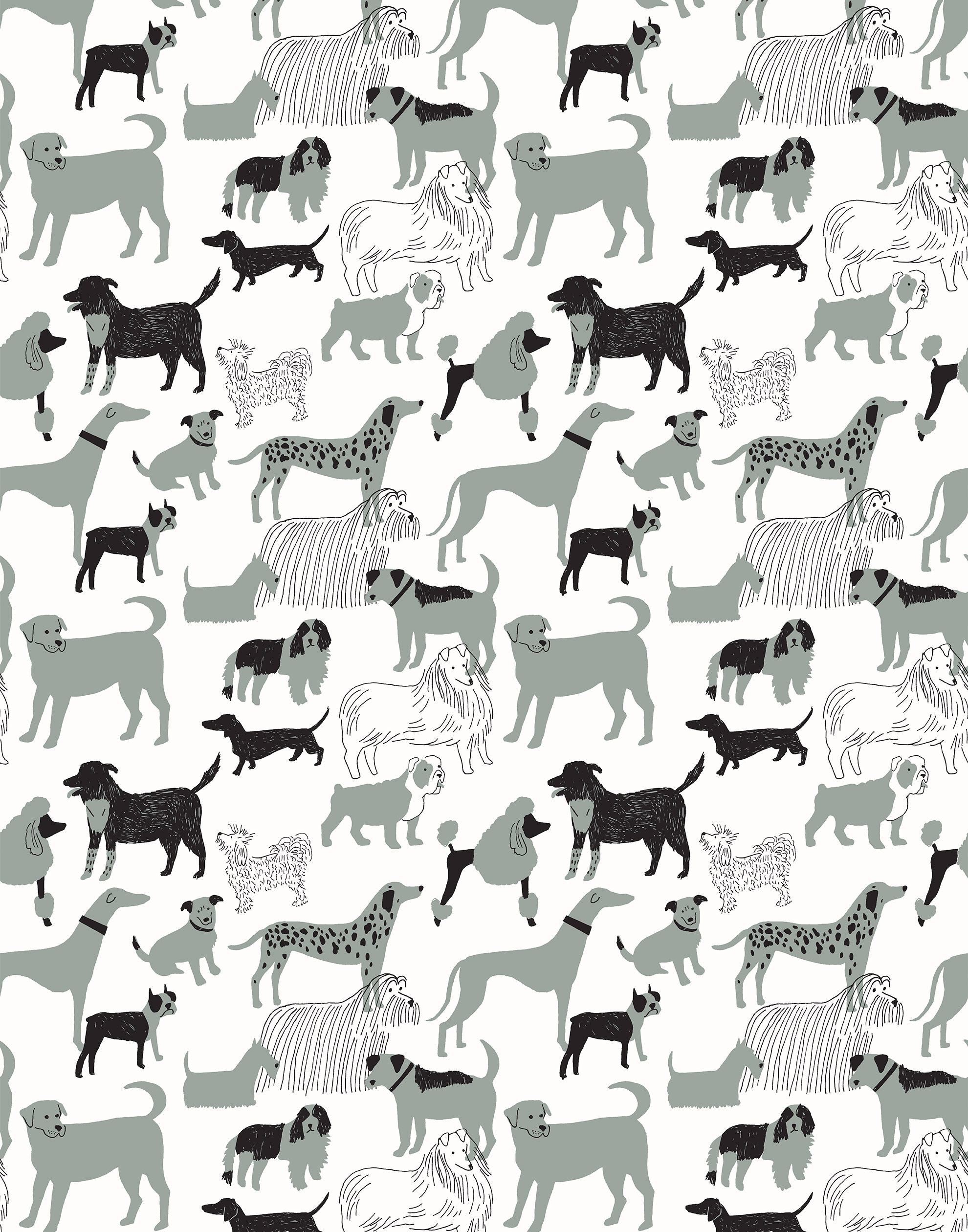 Dog Park (Gray) wallpaper featuring illustrated dogs in shades of gray on white designed by Julia Rothman
