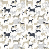 Dog Park (Taupe) wallpaper featuring illustrated dogs in shades of taupe gray on white designed by Julia Rothman.