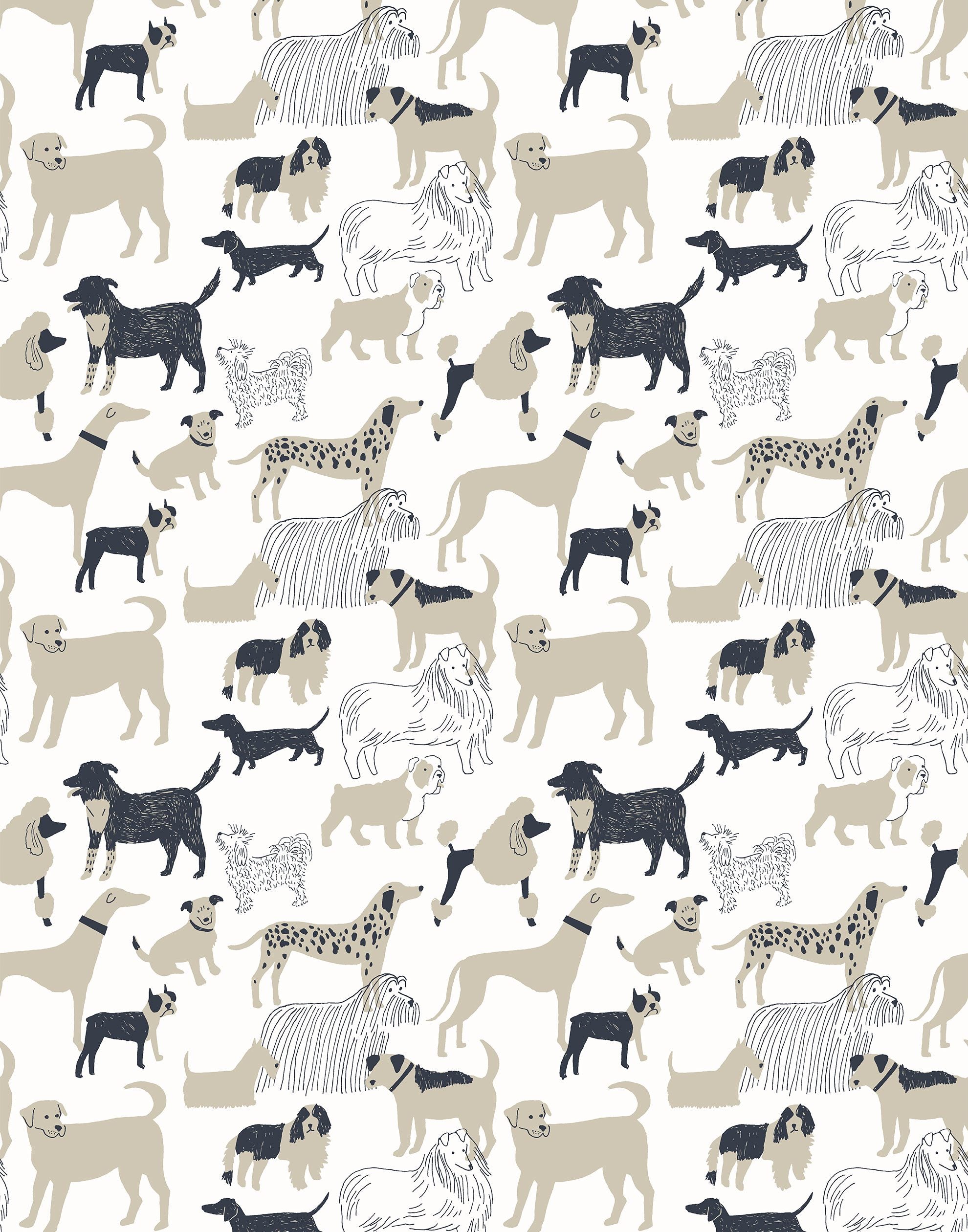 Dog Park (Taupe) wallpaper featuring illustrated dogs in shades of taupe gray on white designed by Julia Rothman.