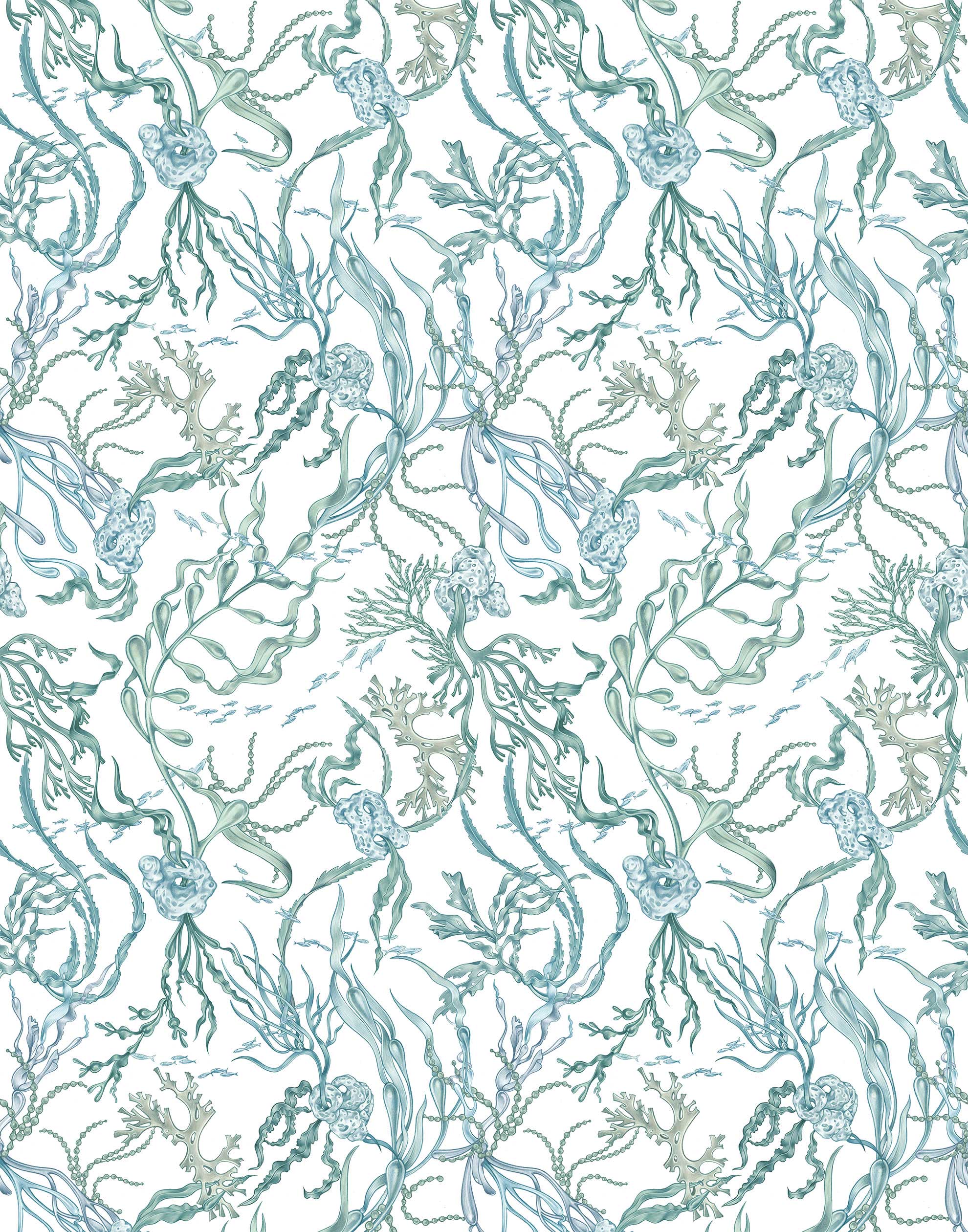 Atoll (Marine) wallpaper features shades of green and blue seaweed and coral on a true white background