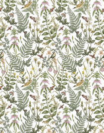 Secret Garden (White) wallpaper features shades of green, brown and pink plants, birds and butterflies on a true white background