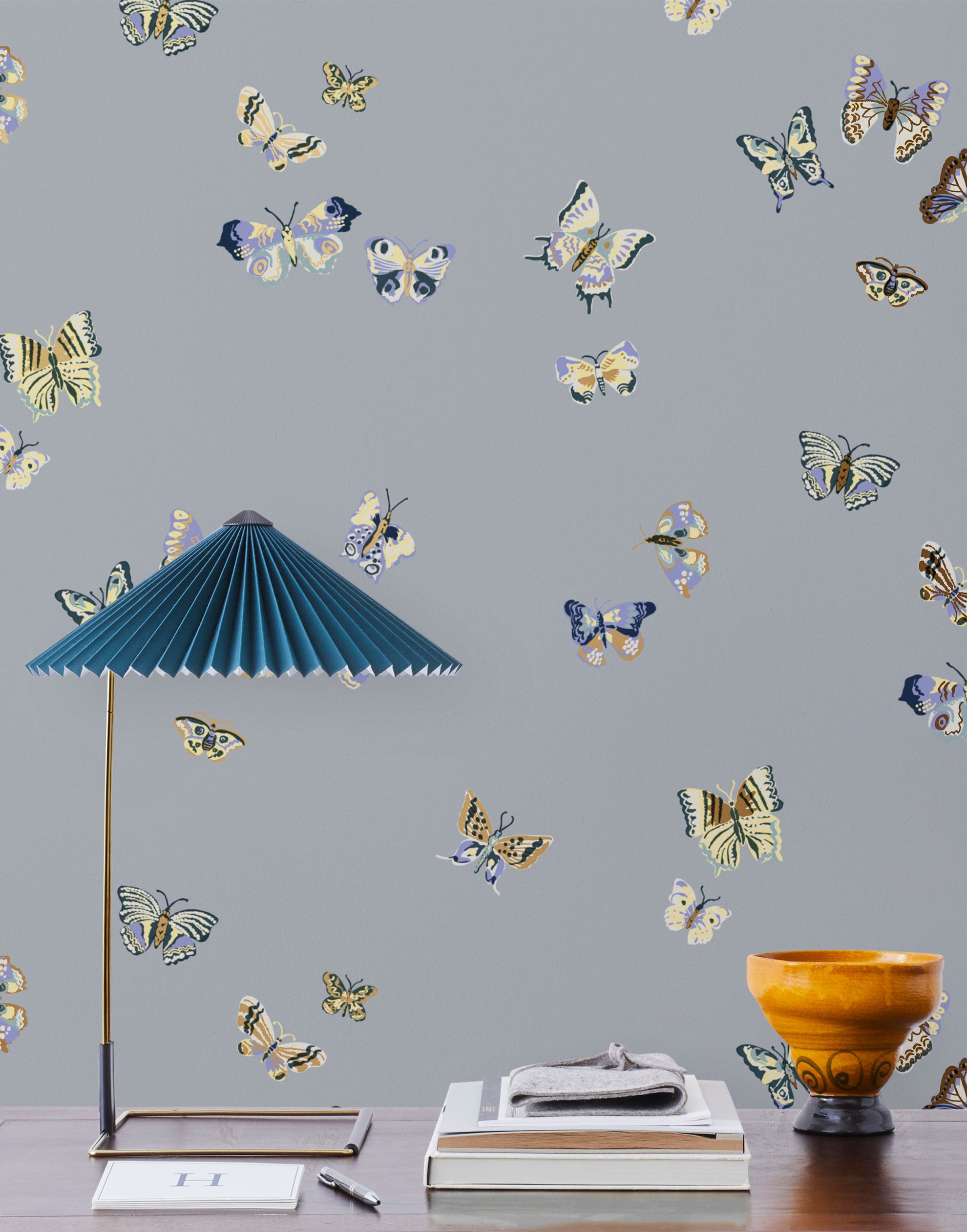 Butterflies (Mist) featuring blue, cream and lavendar butterflies on a dusty gray blue background | Nathalie Lete + Hygge & West