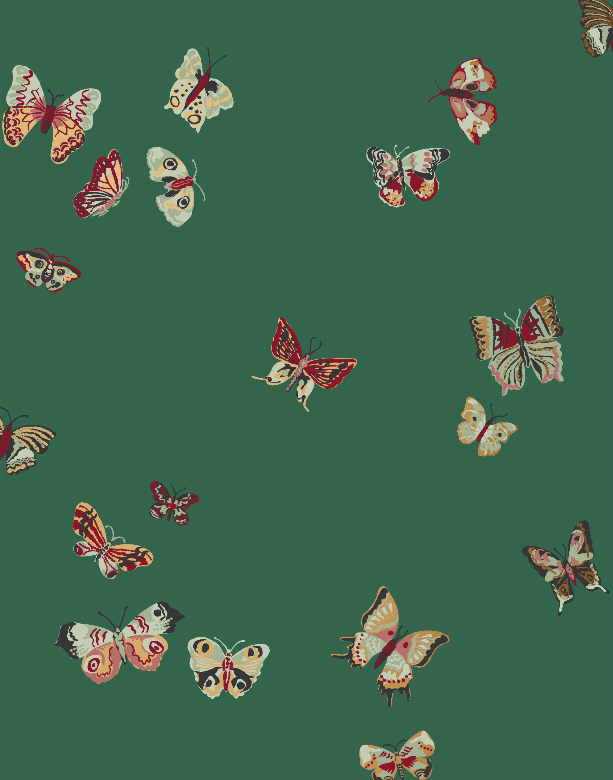 Butterflies (Malachite) featuring red, sage and yellow butterflies on a green background | Nathalie Lete + Hygge & West