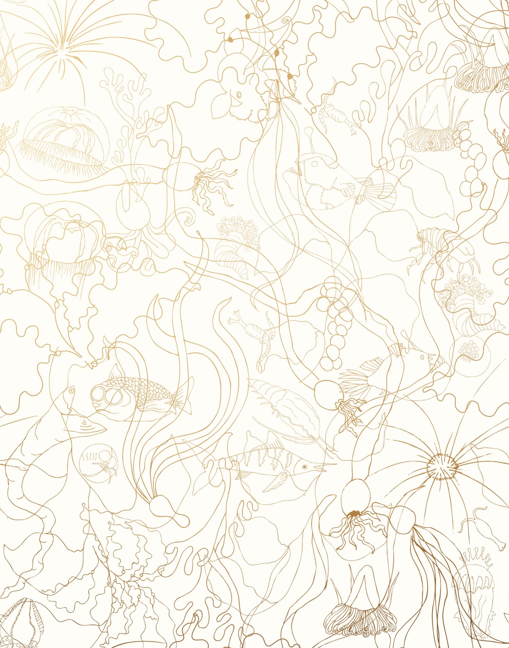 Underwater World (Gold) features a yet delicate pattern of fish and seaweed in metallic on white