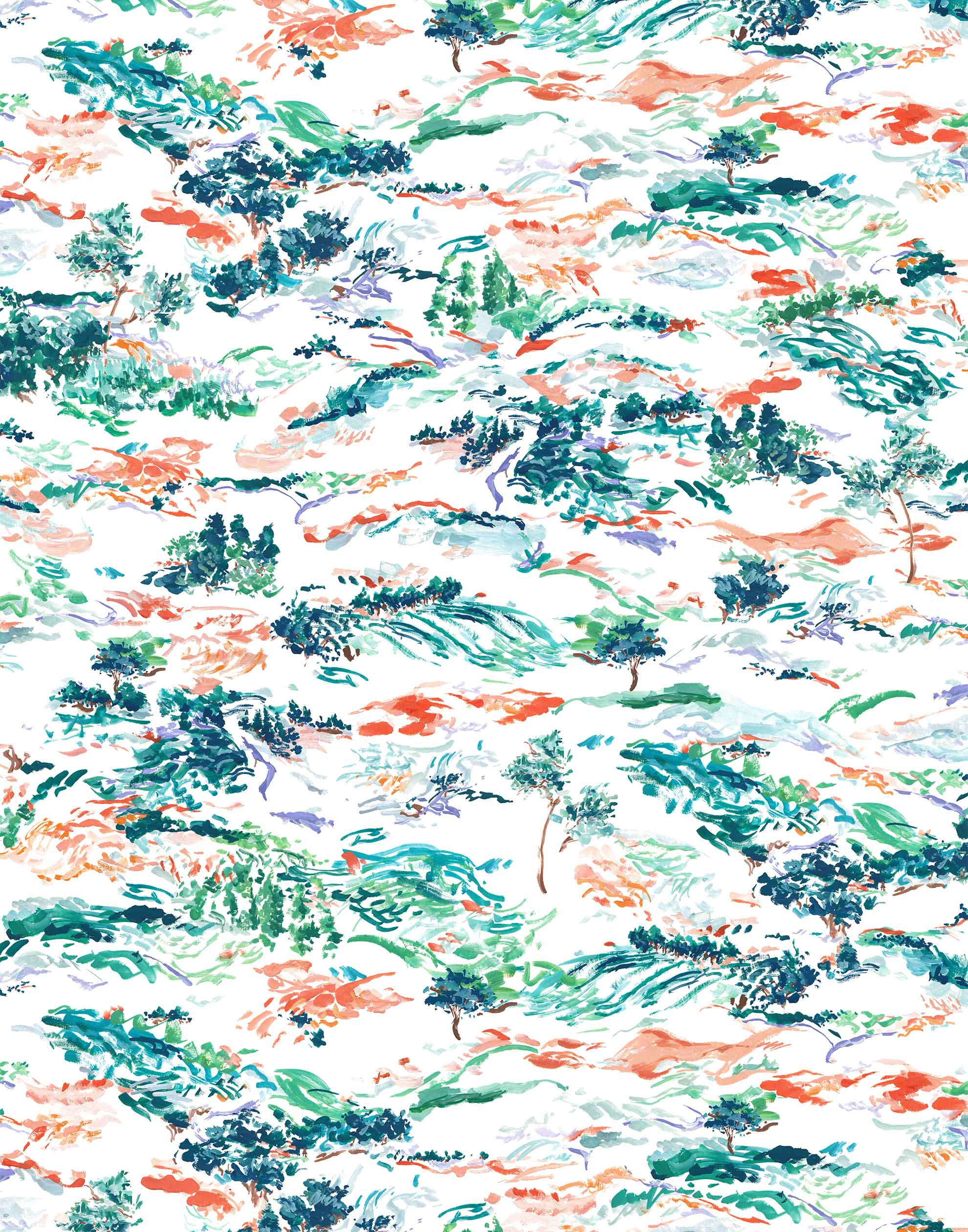 Inspired by the Fauvism movement, Plein Air brings the rolling countryside to life with a gestural brushwork technique. Its colors are joyful and bold while semi-realistic to the subject, including a range of green and blue hues with hints of coral and lavender.