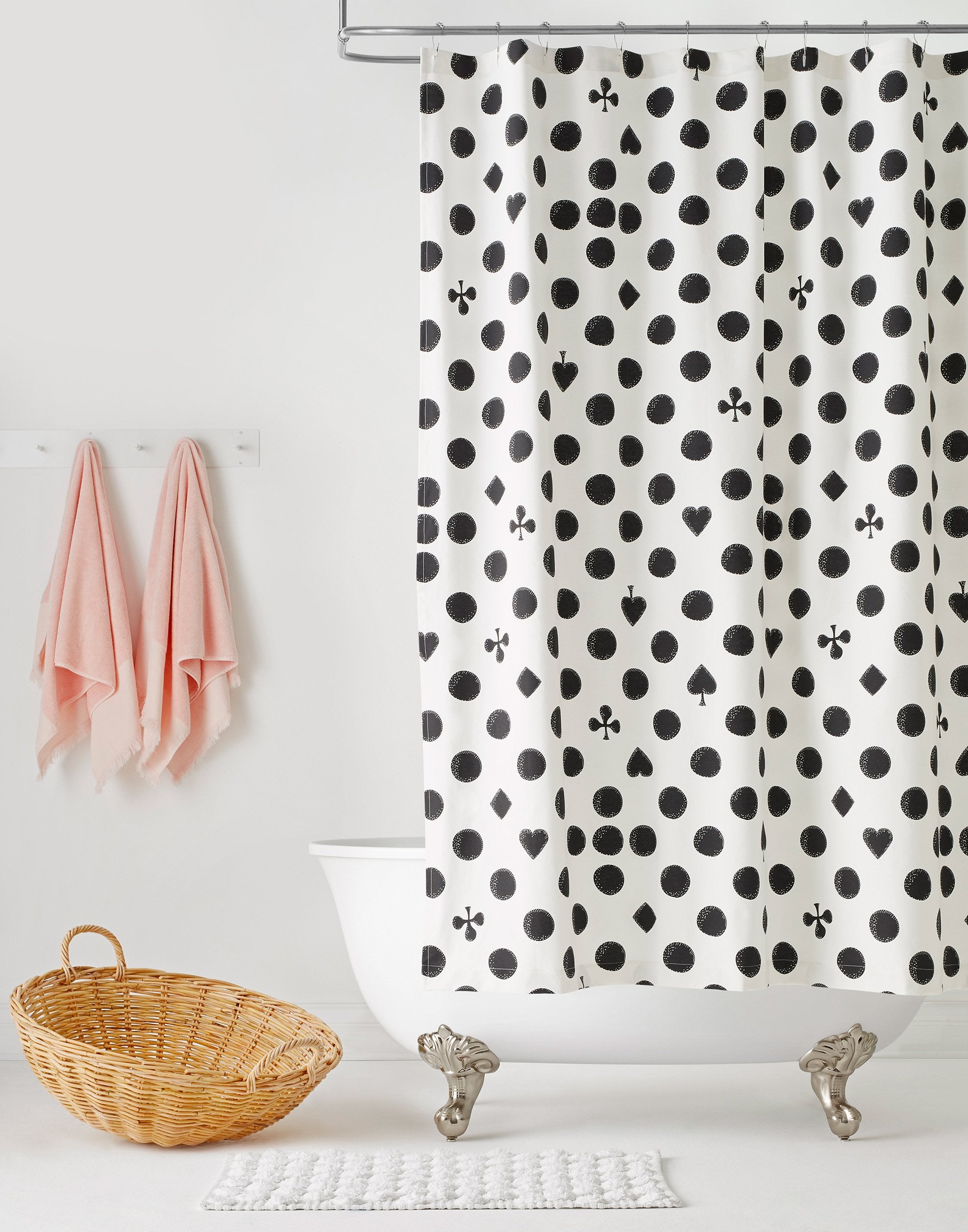 Cards Shower Curtains featuring black polka dots on white background