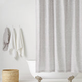 Storyline Gray Shower Curtains featuring white toile-like illustrations on a soft gray background