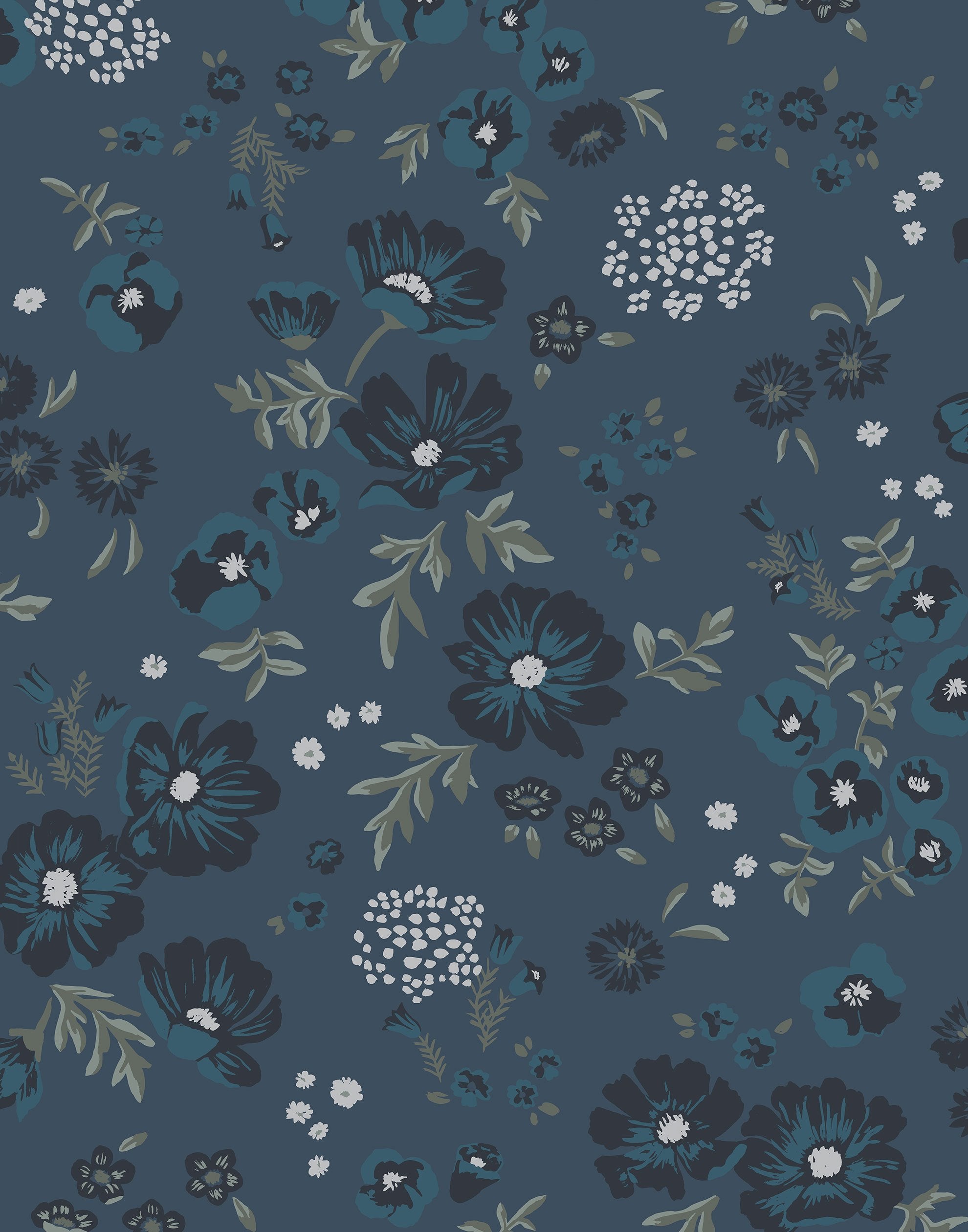 Cascade Meadow (Midnight) featuring hand drawn flowers in shades of navy, blue and green on a deep blue background | Schoolhouse x Hygge & West Wallpaper Collection