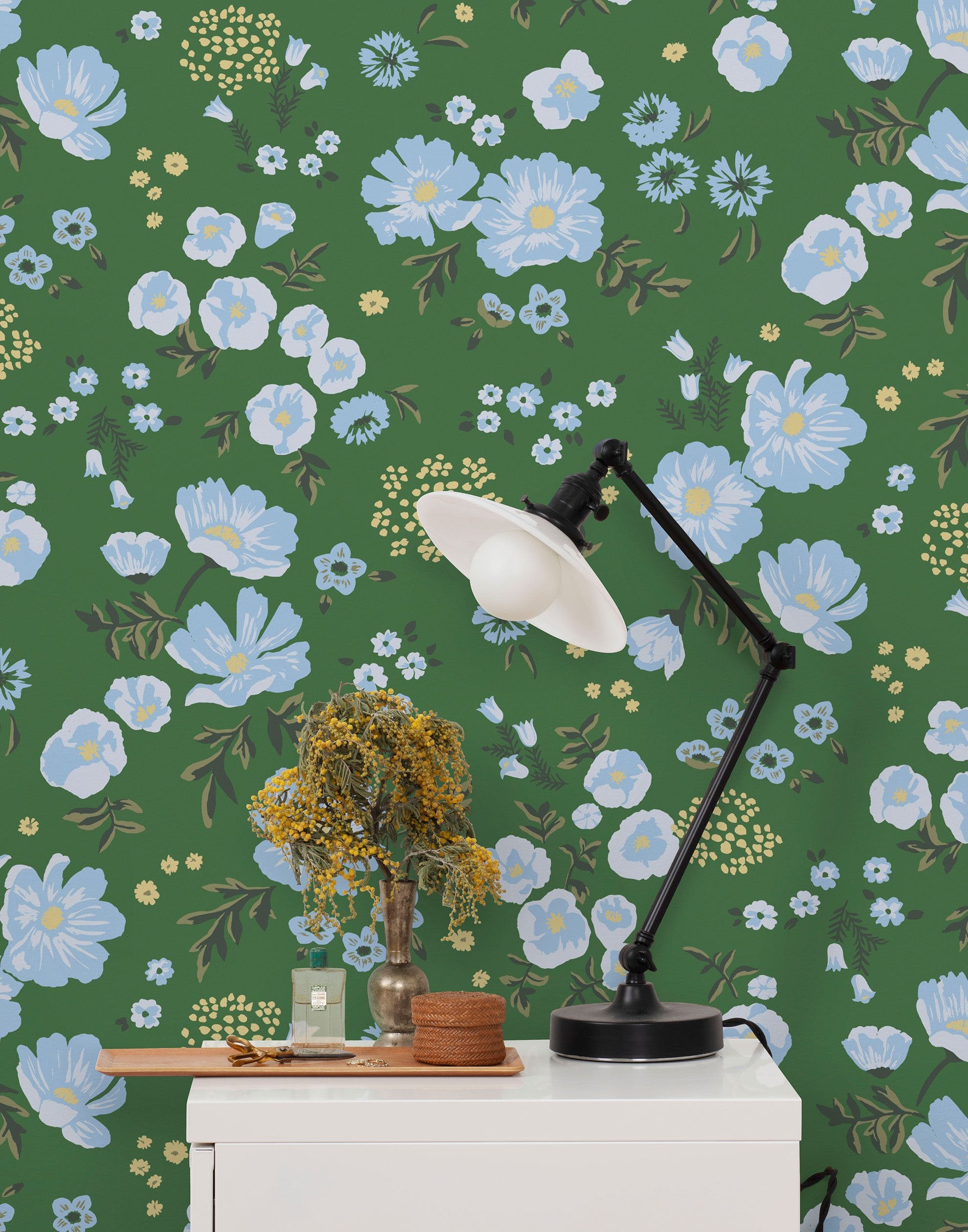 Cascade Meadow (Juniper) featuring hand drawn flowers in light blue and yellow on a green background | Schoolhouse x Hygge & West