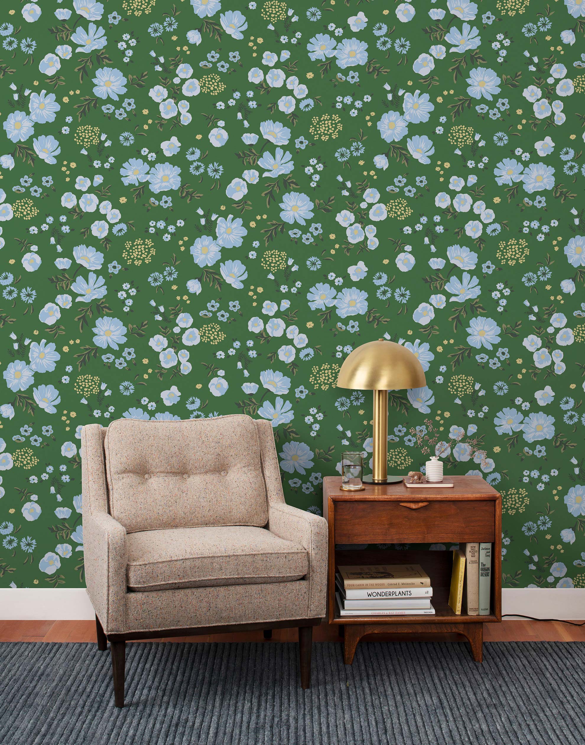 Cascade Meadow (Juniper) featuring hand drawn flowers in light blue and yellow on a green background | Schoolhouse x Hygge & West