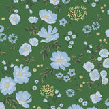 Cascade Meadow (Juniper) featuring hand drawn flowers in light blue and yellow on a green background | Schoolhouse x Hygge & West