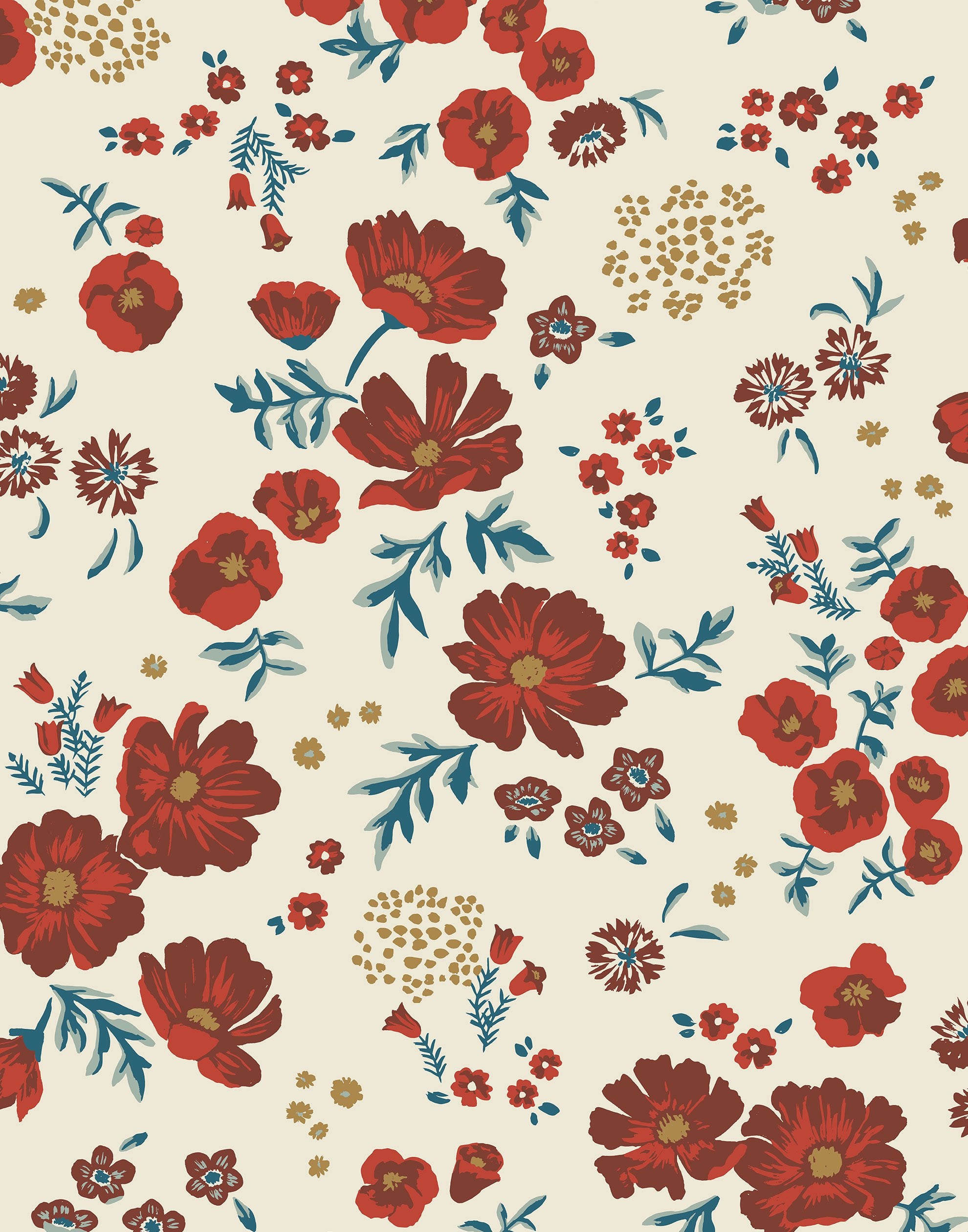Cascade Meadow (Primary) featuring hand drawn flowers in shades of red and green on a cream background | Schoolhouse x Hygge & West