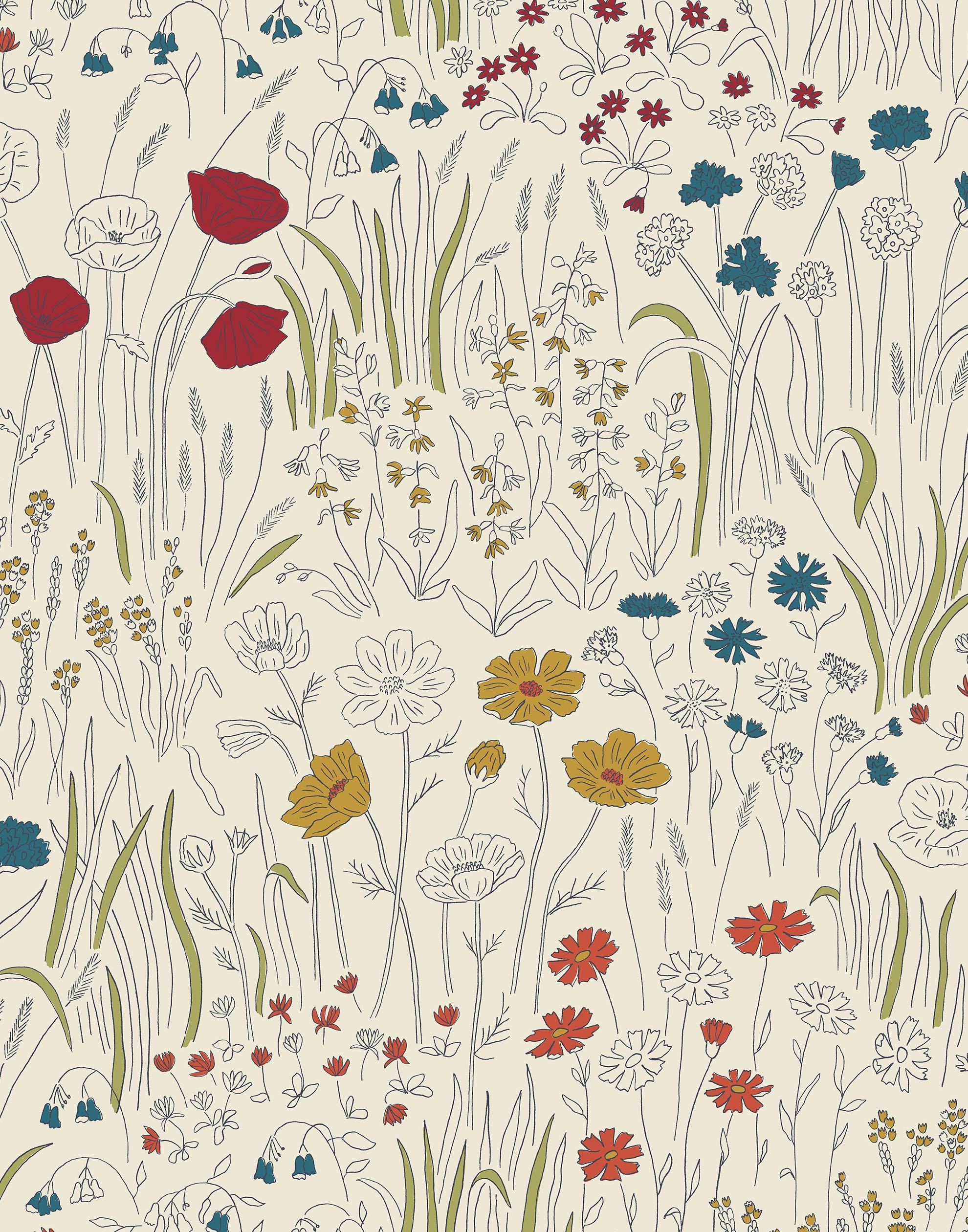 Alpine Garden Multi (Primary) featuring hand drawn flowers in red, blue and mustard yellow on an off white background | Schoolhouse x Hygge & West Walllpaper Collection