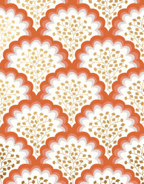 Angelina (Coral) wallpaper features an off white background with graduated coral scallops and gold floral motif