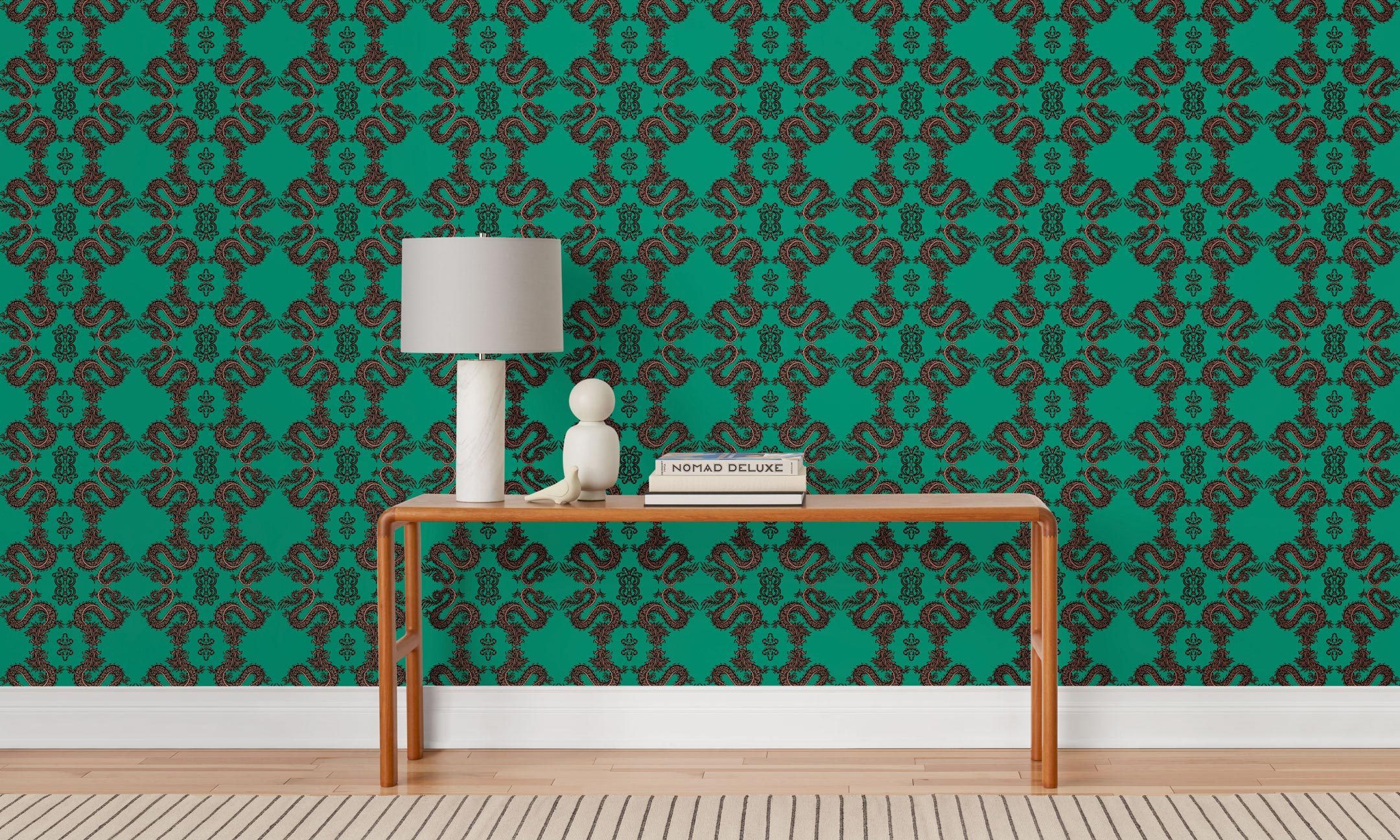 Fortune (Emerald) Wallpaper featuring black and metallic copper line work on a green background