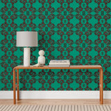 Fortune (Emerald) Wallpaper featuring black and metallic copper line work on a green background